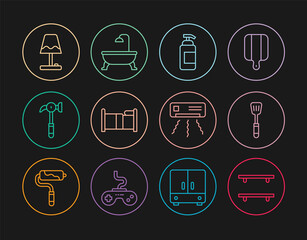 Set line Empty wooden shelves, Spatula, Antibacterial soap, Bed, Hammer, Table lamp, Air conditioner and Bathtub icon. Vector