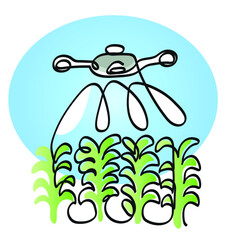 One line drawing of agriculture and technology concept.
One continuous line drawing of agriculture drone fly to spray fertilizer on the fields.