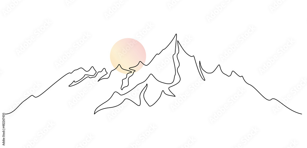 Aufkleber one continuous line drawing of sunset and mountain ridge landscape. high mounts and peak in simple l
