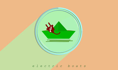 ELECTRIC BOAT. A ship powered by electrical motors. Icon. ILLUSTRATION, electricity, vehicle poster. Barque with batteries on orange background and colorful design of strong contrast. 