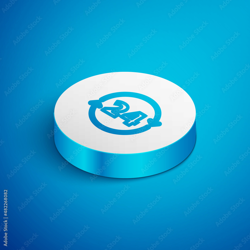 Poster isometric line clock 24 hours icon isolated on blue background. all day cyclic icon. 24 hours servic