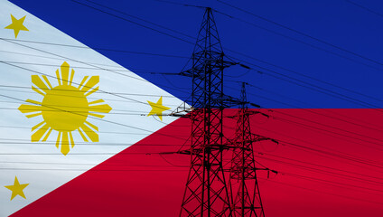 Philippine flag with electric tower and lines. Energy supply in Philippines. High electricity...