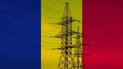 Romanian flag with electric tower and lines. Energy supply in Romania. High electricity prices....