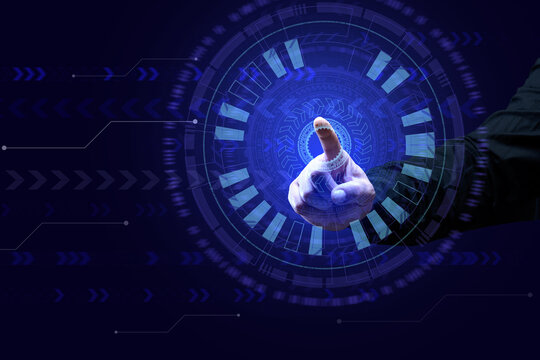technological abstract background with pie charts and male hand on a dark blue background. The concept of innovation, processing and storage of data on the Internet