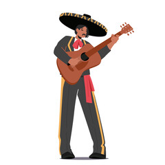 Mexican Musician Playing Guitar at Cinco De Mayo Festival. Mariachi Music Player Character, Isolated Man in Sombrero Hat