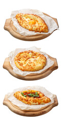 Collage of photos of fresh khachapuri pastries, cheese tortillas.