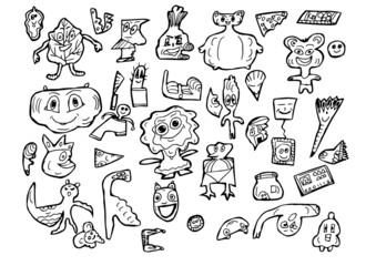 set of black and white doodles, little funny men and smiles for children on a white background