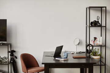 Background image of minimal home workplace with loft design elements, copy space