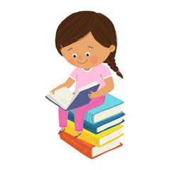 Cute little girl sitting and reading a book on stack of books, Happy pupil reading a book at a top of a books pile. Cartoon vector hand drawn eps 10 illustration isolated on white in a flat style.
