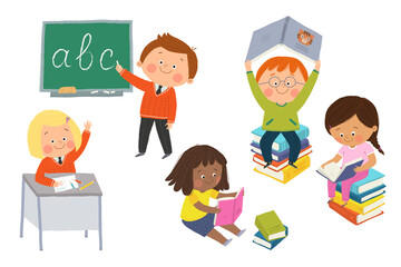 Happy cute boys and girls sitting on pile stack of books or on floor and reading. Pupil raising hand. Student at at the blackboard. Cartoon vector hand drawn flat illustration isolated on white.