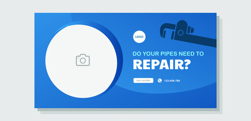 Plumbing service social media banner, plumber advertisement, blue gradient ad, pipes repair abstract flyer leaflet concept, isolated