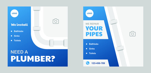 Plumbing service social media post template, plumber expert banner concept, repair pipes from sinks advertisement, toilets and bathrooms, abstract campaign editable, isolated