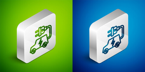 Isometric line Electric car and electrical cable plug charging icon isolated on green and blue background. Renewable eco technologies. Silver square button. Vector