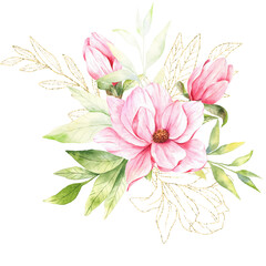 Magnolia Flower Watercolor Illustration, Magnolia Bouquet, Pink Magnolia Branch, Watercolor Floral Illustration isolated on white