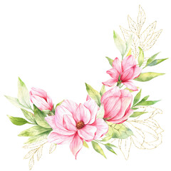 Magnolia Flower Watercolor Illustration, Magnolia Bouquet, Pink Magnolia Branch, Watercolor Floral Illustration isolated on white