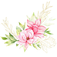 Magnolia Flower Watercolor Illustration, Magnolia Bouquet, Pink Magnolia Branch, Watercolor Floral Illustration isolated on white