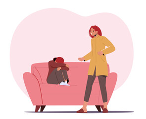 Aggressive Mother Yell on Little Boy Hiding Face Sitting on Sofa in Living Room. Characters Parent and Child in Conflict