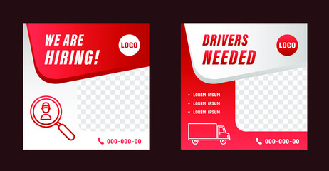 Hiring drivers, social media post template set, editable promotional online advertising campaign banners, driver shortage, open job ads, cargo transport trucker needed, isolated on background