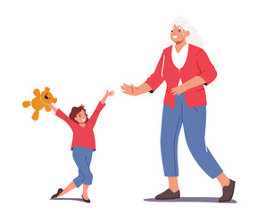 Happy Grandmother and Granddaughter Characters Meeting. Kid Visit Granny Concept, Girl Coming to Grandmom Home