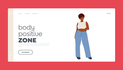 Obraz na płótnie Canvas Body Positive Landing Page Template. Happy African American Curvy Girl, Plus Size Woman Dressed in Jeans and Slinky Top
