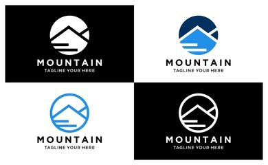 Simple elegant mountain icon. Circle logo for branding identity. Vector template. on a black and white background.