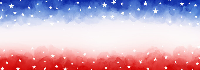 4th of July or Memorial Day background, July 4th red white and blue colors with soft faded watercolor star border texture design and blank white center, veteran's day patriotic color background - 482271450