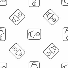 Grey line Speaker mute icon isolated seamless pattern on white background. No sound icon. Volume Off symbol. Vector