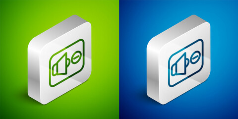 Isometric line Speaker mute icon isolated on green and blue background. No sound icon. Volume Off symbol. Silver square button. Vector