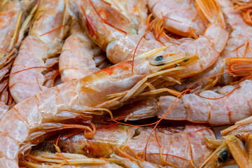 Close-up of a bunch of raw prawns. Tasty seafood