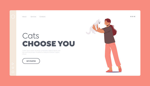 Kid Hug and Play with Funny Cat Landing Page Template. Child Character Cuddle and Oxter with Pet, Girl Hold Cute Kitten