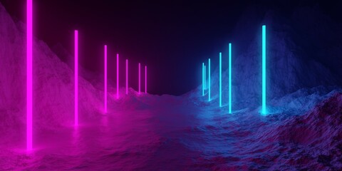 Mountain terrain landscape with array of pink and blue neon light glowing lines frame, retro technology or futuristic alien background template
