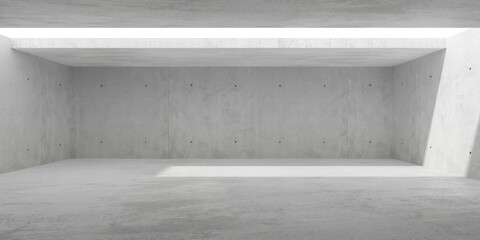 Empty modern abstract concrete room with light thru rectangular ceiling opening in the center and rough floor - industrial interior background template