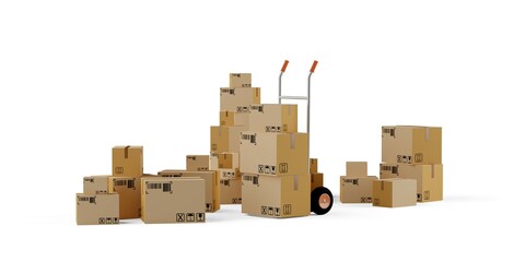 Red wheel barrow or hand truck with large stack of cardboard boxes or parcels over white background, delivery or transportation concept