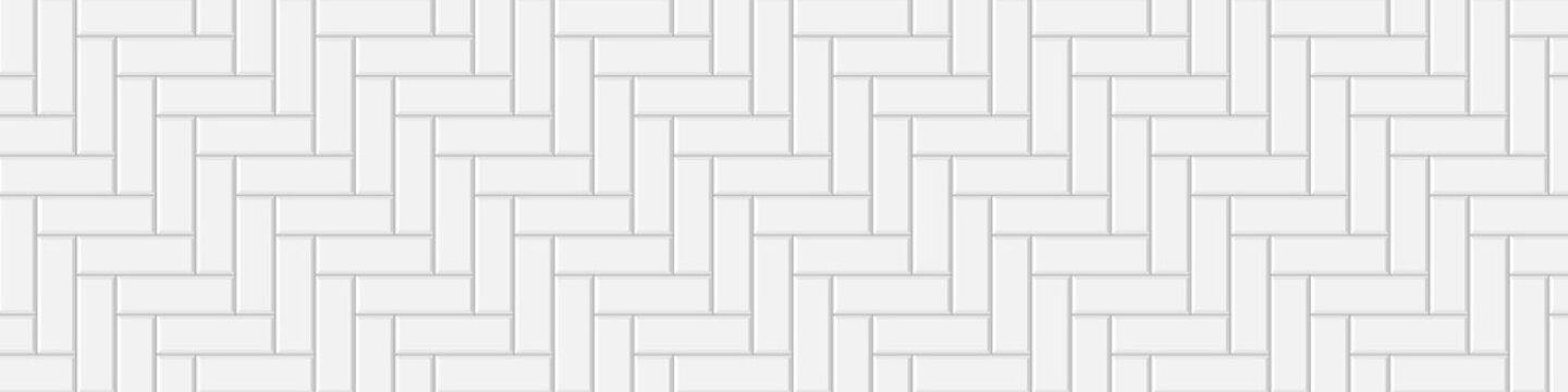 White herringbone metro tile seamless pattern. Kitchen backsplash or bathroom wall texture. Subway stone or ceramic brick background. Vector flat illustration.