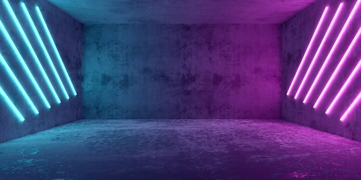 Blue and pink diagonal cyberpunk neon lights abstract background in empty modern concrete room