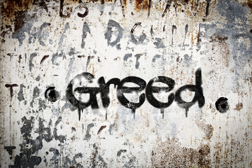 The word greed spray painted on grungy concrete background. Weather washed.