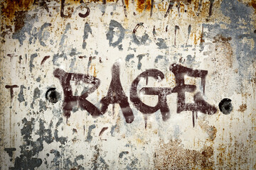 The word rage spray painted on grungy concrete background. Weather washed.