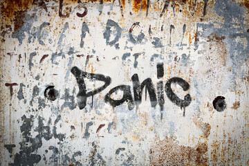 The word panic spray painted on grungy concrete background. Weather washed.