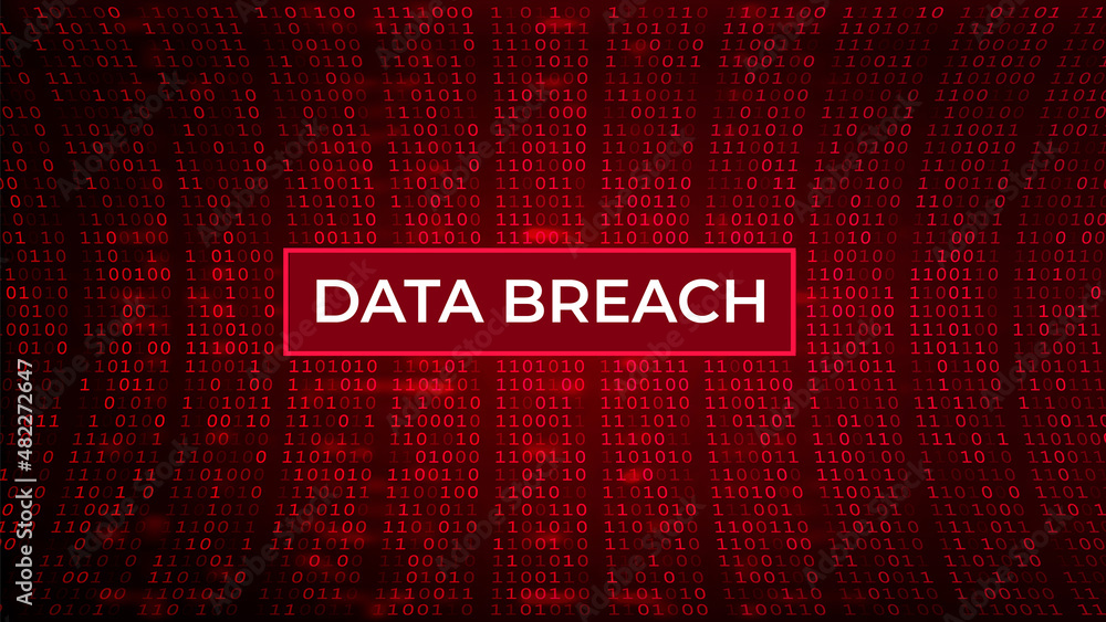 Sticker digital binary code on dark red background. data breach