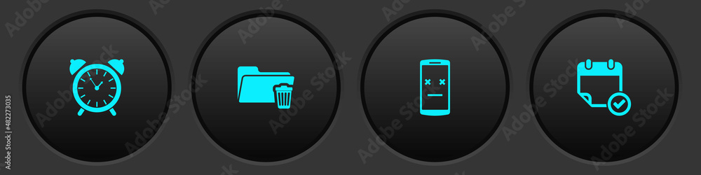 Poster set alarm clock, delete folder, dead mobile and calendar with check mark icon. vector