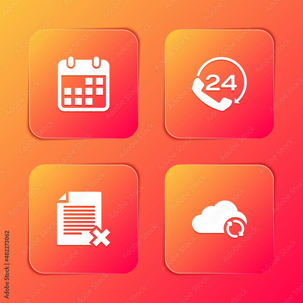 Poster set calendar, telephone 24 hours support, delete file document and cloud sync refresh icon. vector