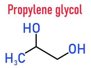 Propylene glycol or 1,2-propanediol molecule. Used as solvent in pharmaceutical drugs, as food additive, in de-icing solutions, etc Skeletal formula.