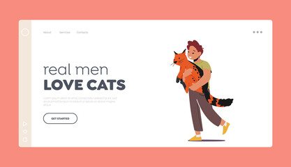 Love Cats Landing Page Template. Tenderness to Animals Concept, Preteen Kid Hug Cat, Little Child Cuddle with Pet