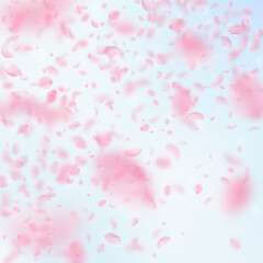 Fototapeta na wymiar Sakura petals falling down. Romantic pink flowers gradient. Flying petals on blue sky square background. Love, romance concept. Beauteous wedding invitation.