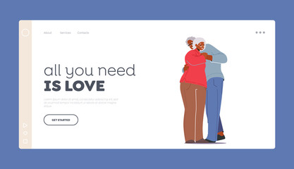 Seniors Love Landing Page Template. Old Man and Woman Embracing and Hugging. Loving Elderly Couple Romantic Relations