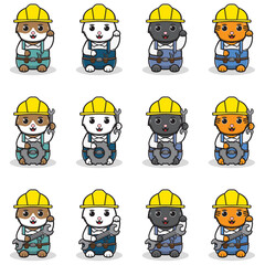 Vector illustration of cute Cats with Handyman costume. Maneki neko. Lucky cat character vector design. Cartoon character design set.
