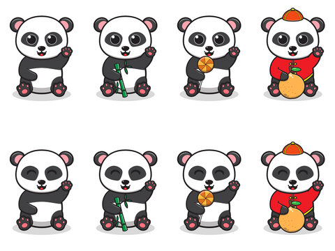 Vector Illustration of Cute cartoon Panda with siting and hand up pose. Set of cute smile Panda characters. Flat icons in cartoon style.