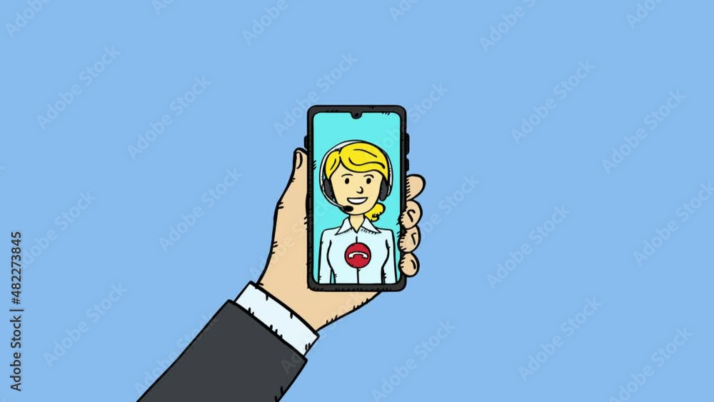 Poster 4k animation of video chat conversation on mobile phone with customer support. hand is holding mobil