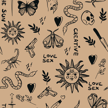 Seamless pattern with knife, scull, snake, words, tatoo . Background for textile, fabric, socks, web, stationary, wrapping, postcards, balloons , notebooks.