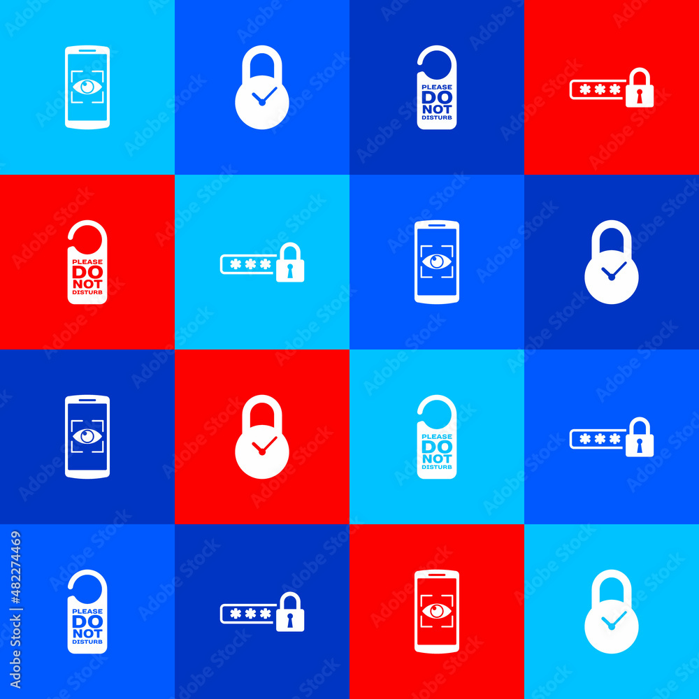 Poster set mobile and eye scan, padlock with clock, please do not disturb and password protection icon. vec
